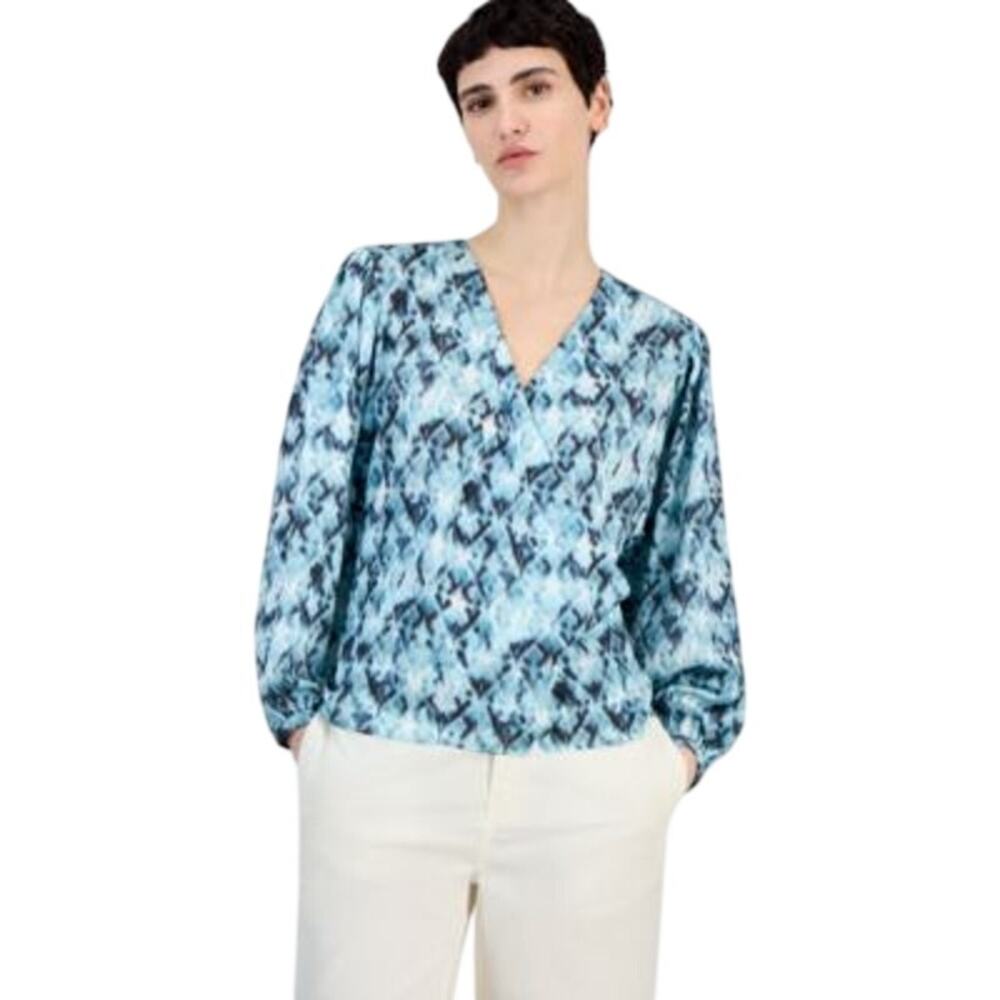 HUGO BOSS Orange Women's Faux-Wrap Buttoned-Cuff Top in Blue Aztec